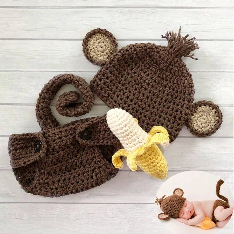 Yarnlings Monkey Set — Hat, Diaper Cover &amp; Toy Banana